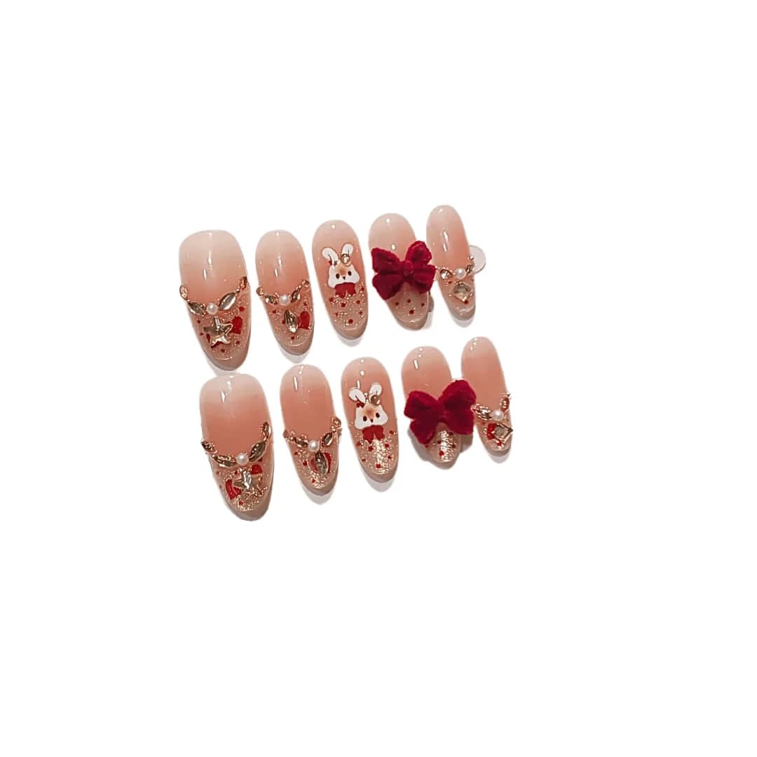 أظافر صناعية طرف فرنسي عين القط مع حجر الراين وتصميم الربطة